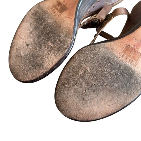 Frye Leather Slip On Slide Sandals Stud Detail Brown Low Wedge Heel Size 8.5 - Picture 11 of 12